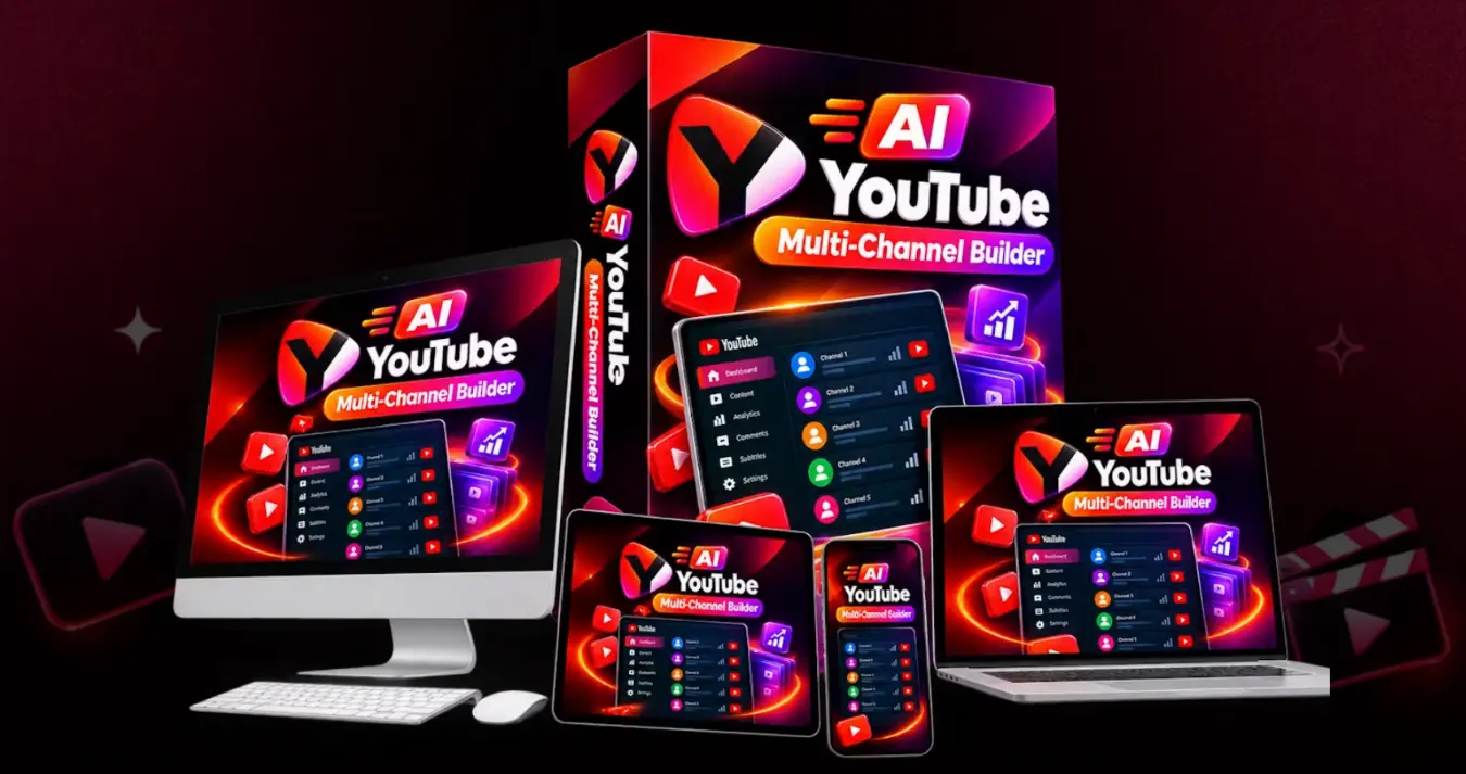 AI YouTube Multi-Channel Builder product mockup across desktop, laptop, tablet and mobile