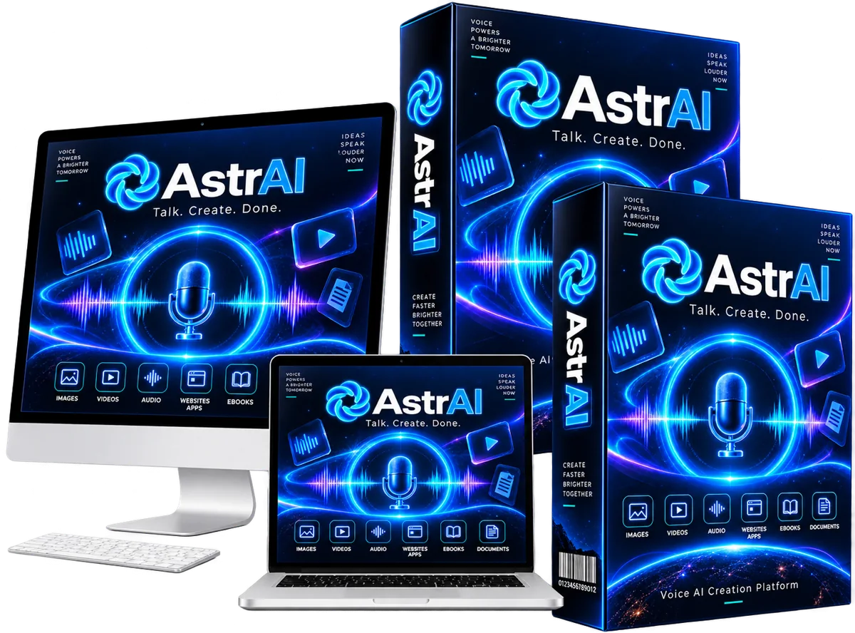 AstrAI review product mockup of the voice AI studio across desktop and laptop screens