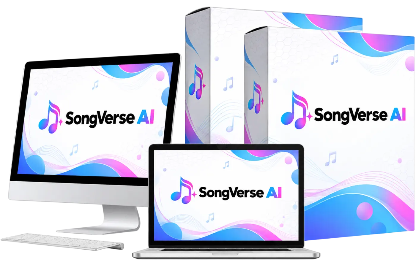 SongVerse AI review product mockup showing desktop, laptop, tablet and software box