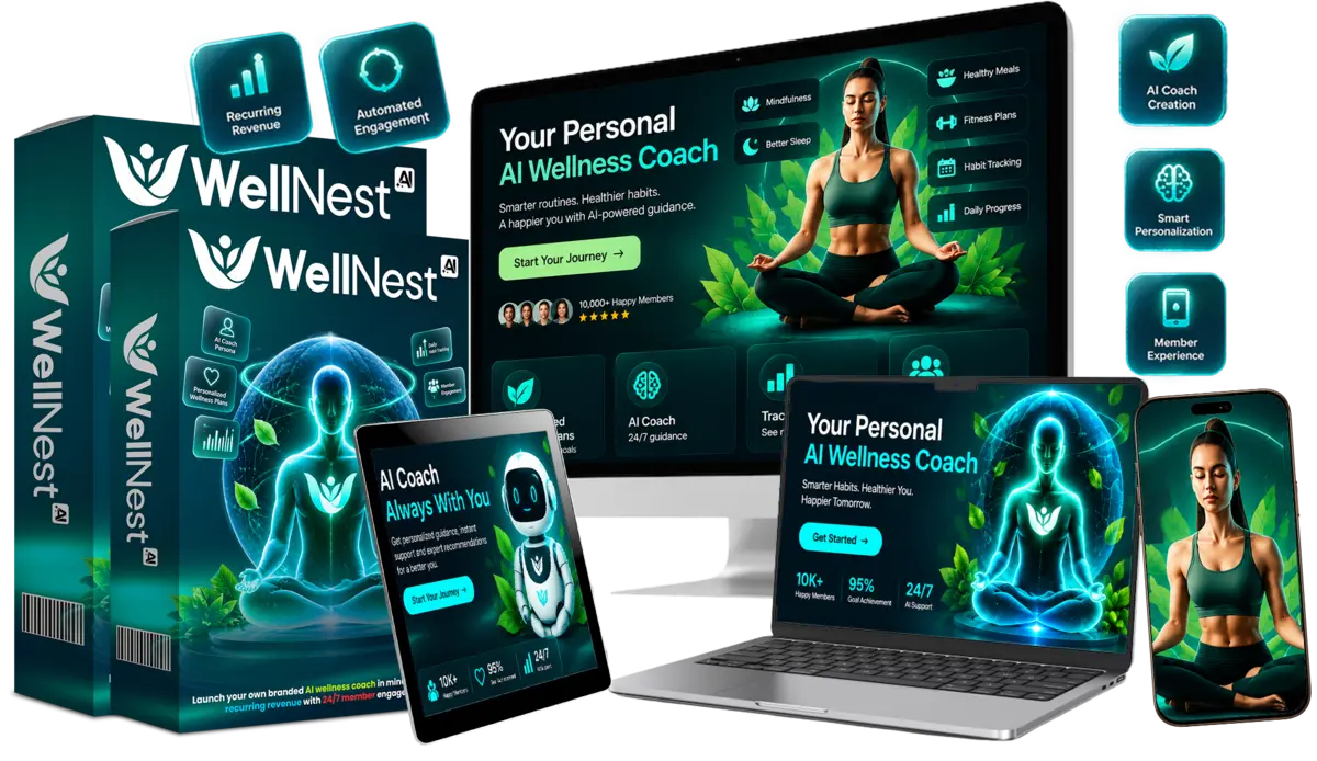 WellNest AI review product and wellness coach platform mockup