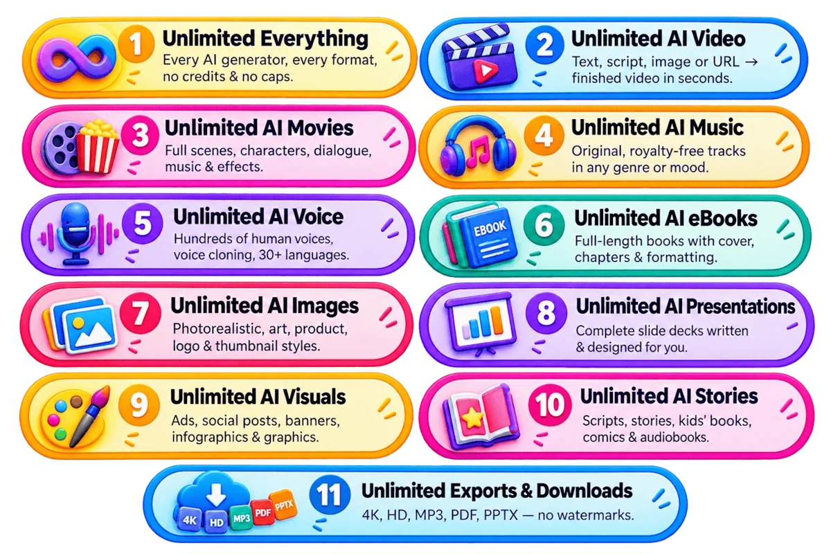 Unlimited AI official promotional feature overview for nine creative studios